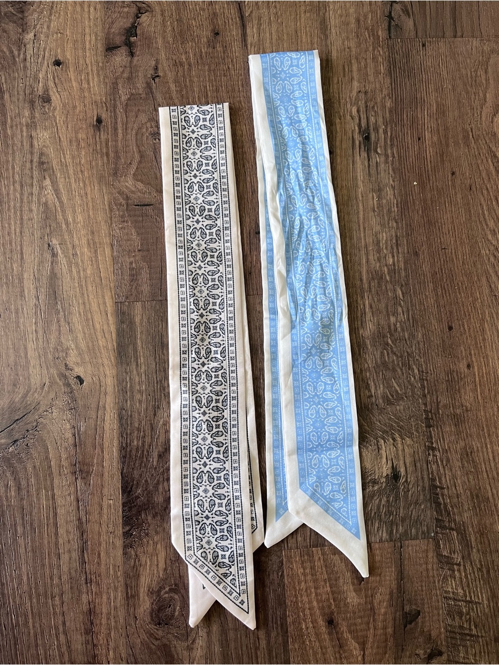 Pair of French Style Narrow Printed Silk Purse Scarves - Blue and Cream